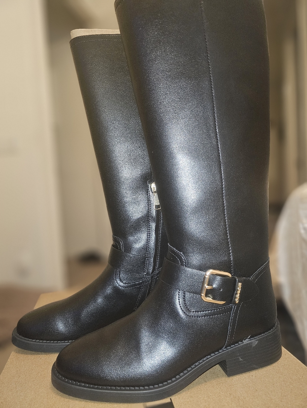 Coach Black Leather Riding Boots With Gold Buckle Accent - Picture 2 of 5